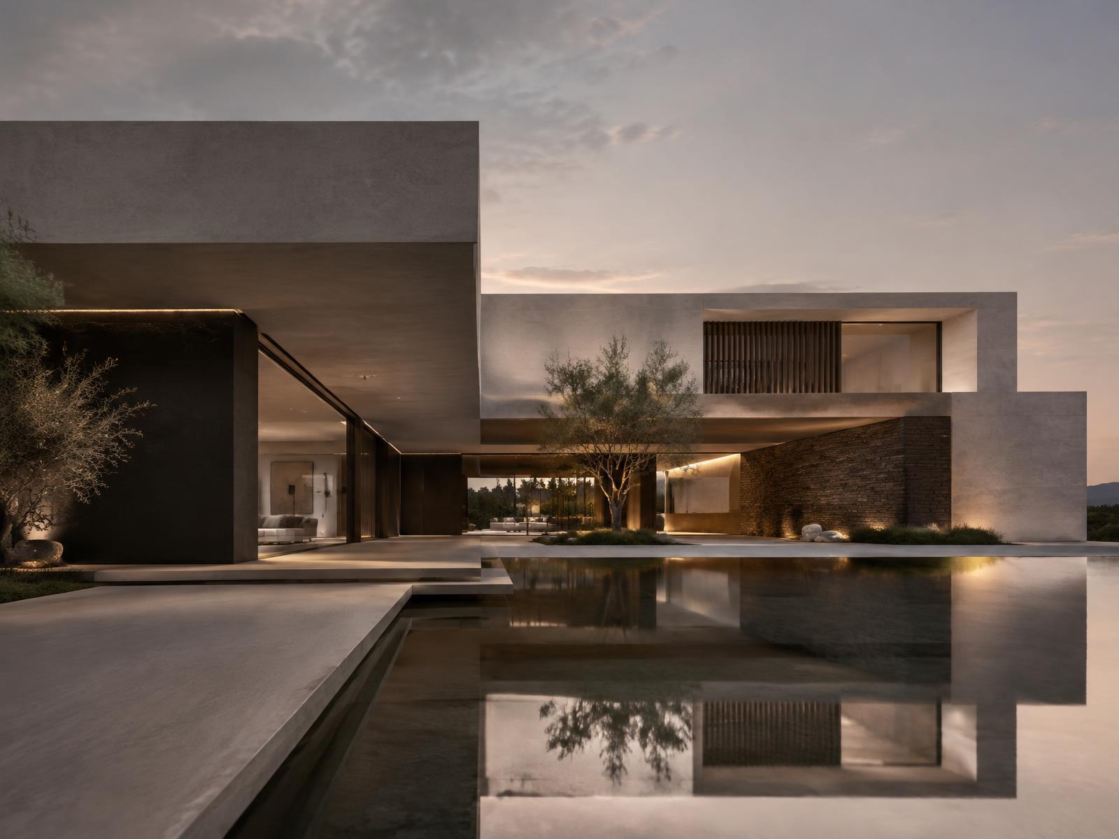 Minimal contemporary villa with geometric volumes, warm light and a reflecting pool